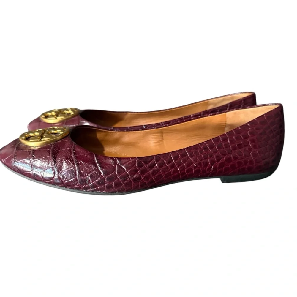 Tory Burch Burgundy Croc Embossed Leather Chelsea Ballet Flats Size 38.5 or‎ 8